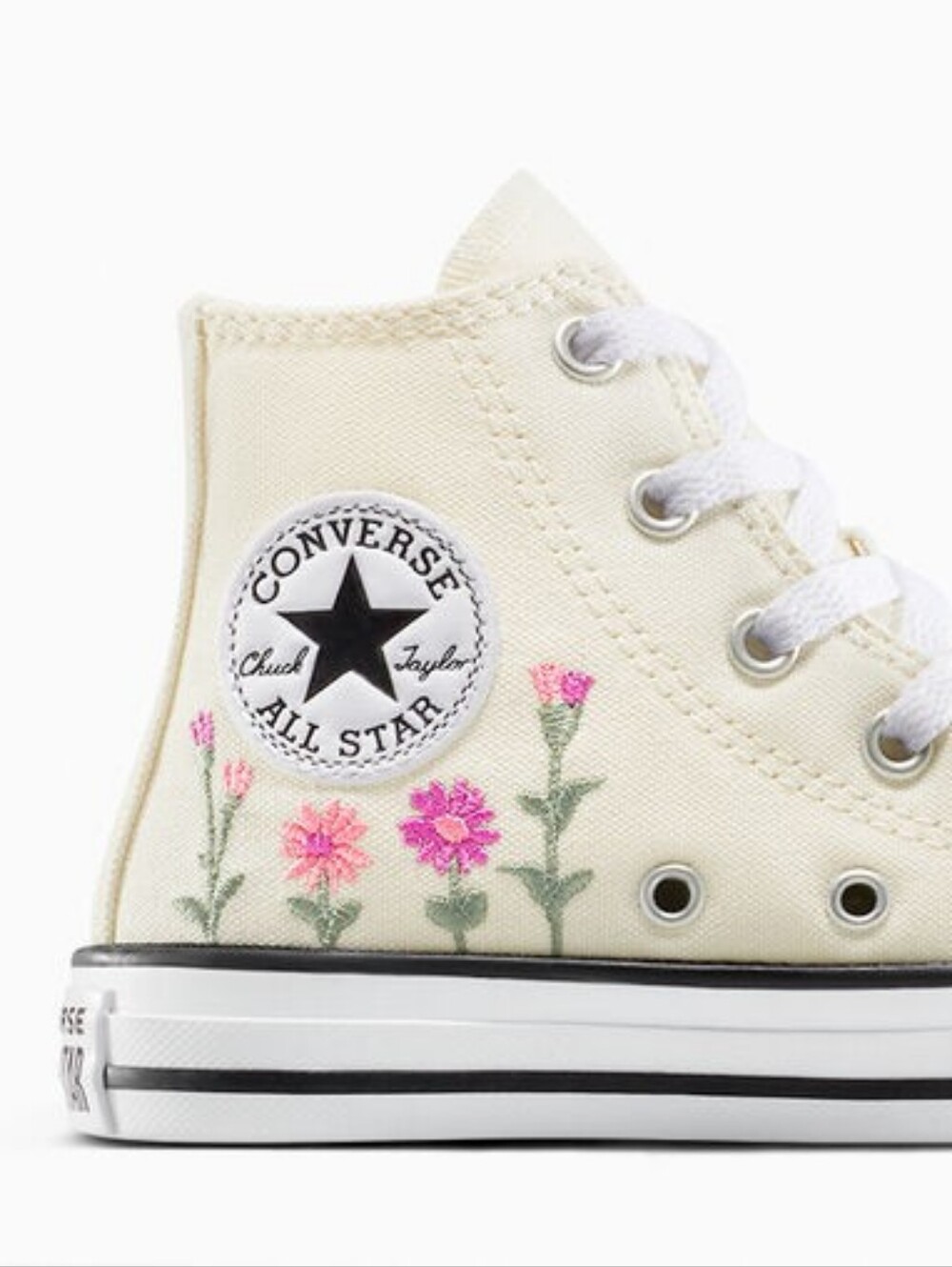 Converse Kids Cream High-Top Sneakers with Pink Floral Embroidery